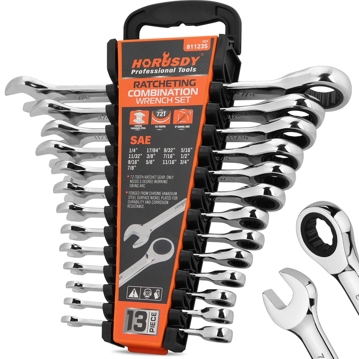 HORUSDY 13-piece SAE ratcheting wrench set in rack for organized access.
