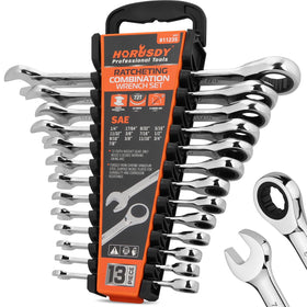 HORUSDY 13-piece SAE ratcheting wrench set in rack for organized access.