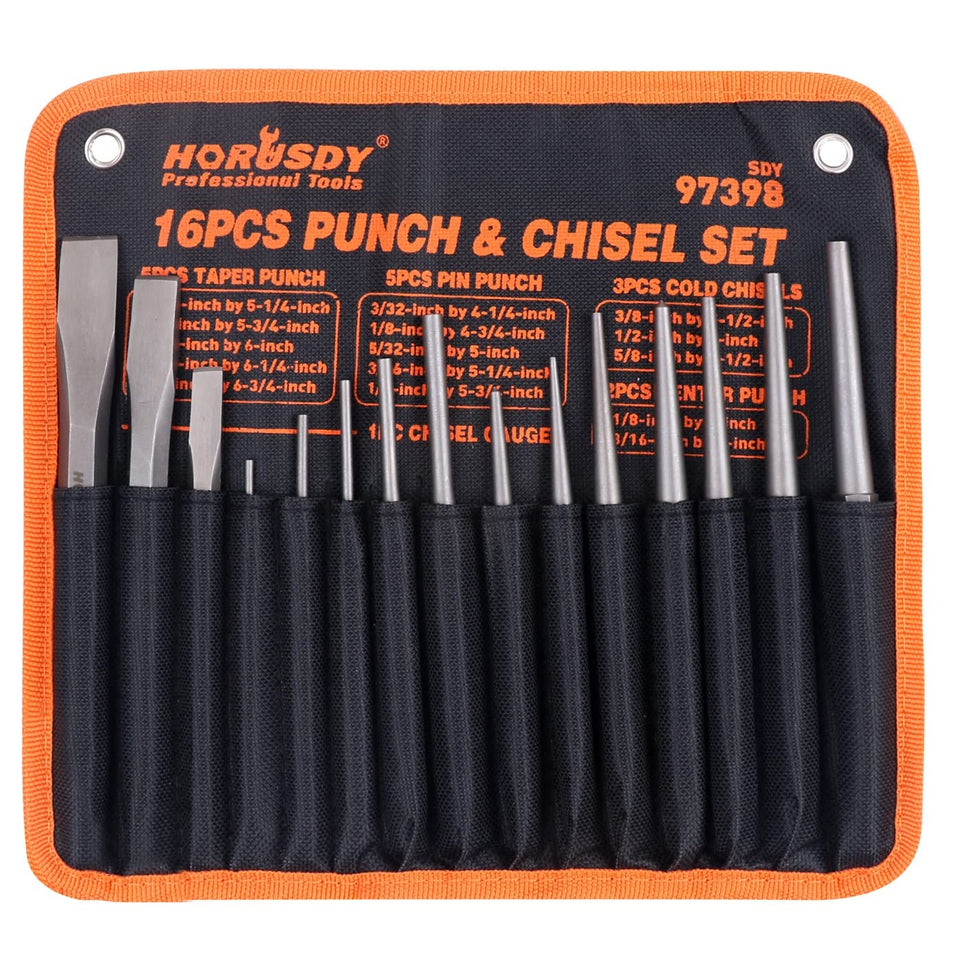HORUSDY 16-piece punch and chisel set displayed on a workbench for metal shaping.
