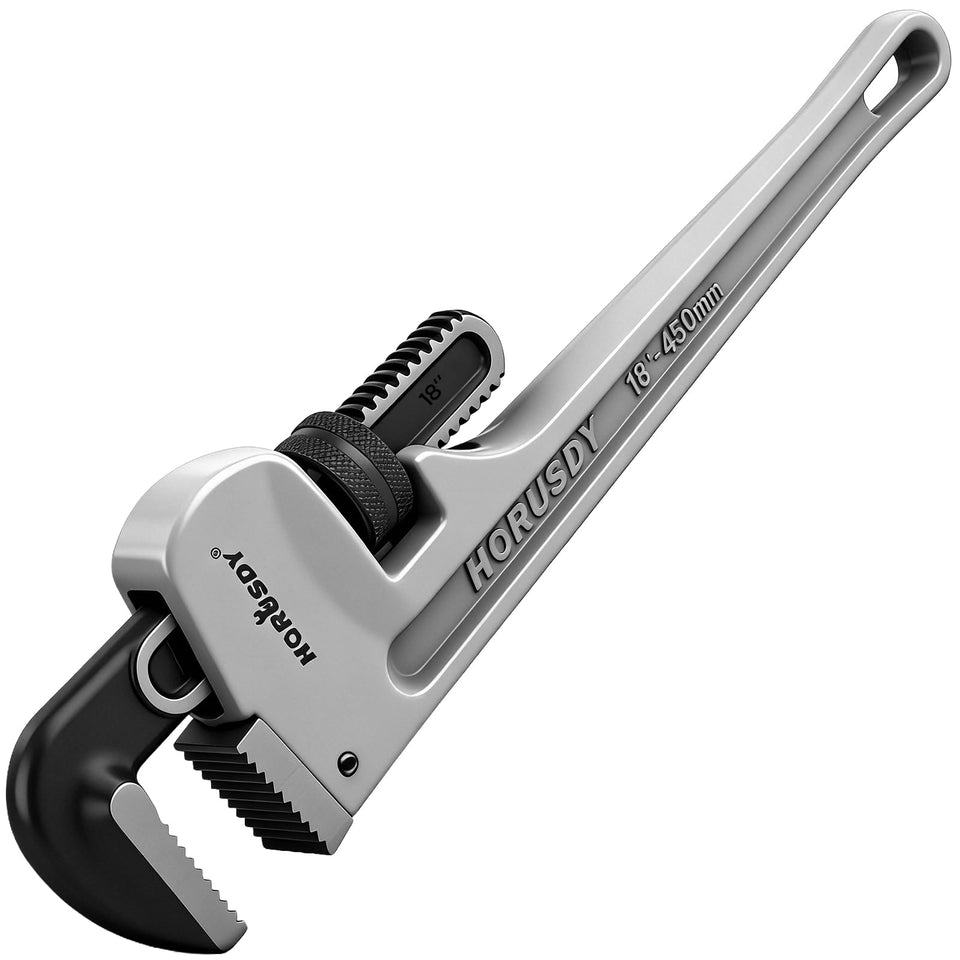 HORUSDY 18-inch aluminum pipe wrench for heavy-duty plumbing with lightweight handling.