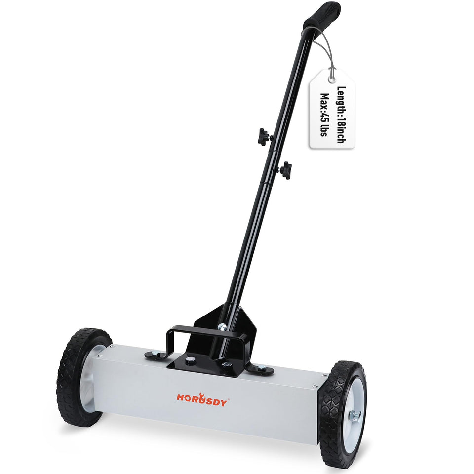 HORUSDY 18-inch rolling magnetic sweeper side view showing broad metal debris pickup.