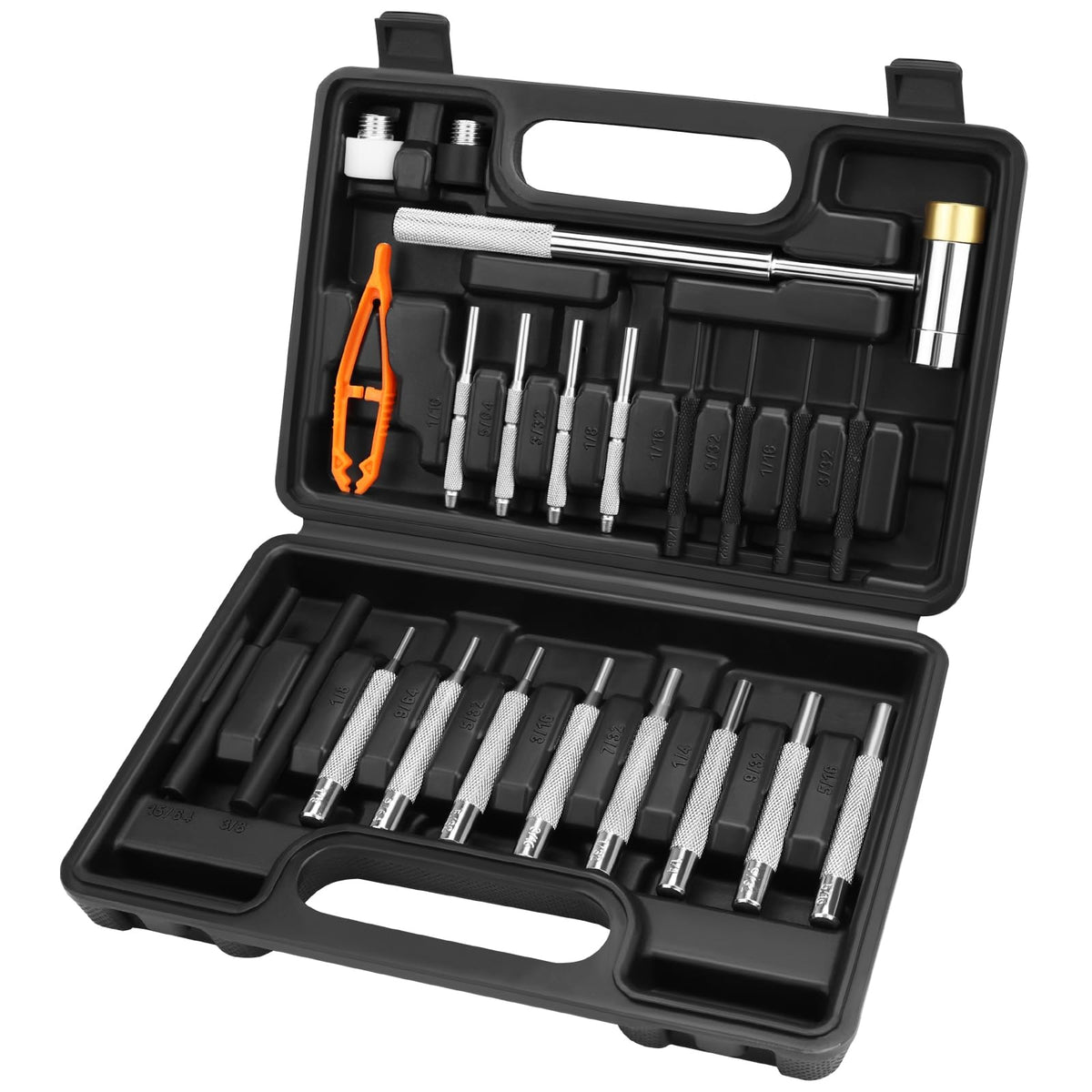 HORUSDY 22-piece punch and hammer set in an open case for quick setup.