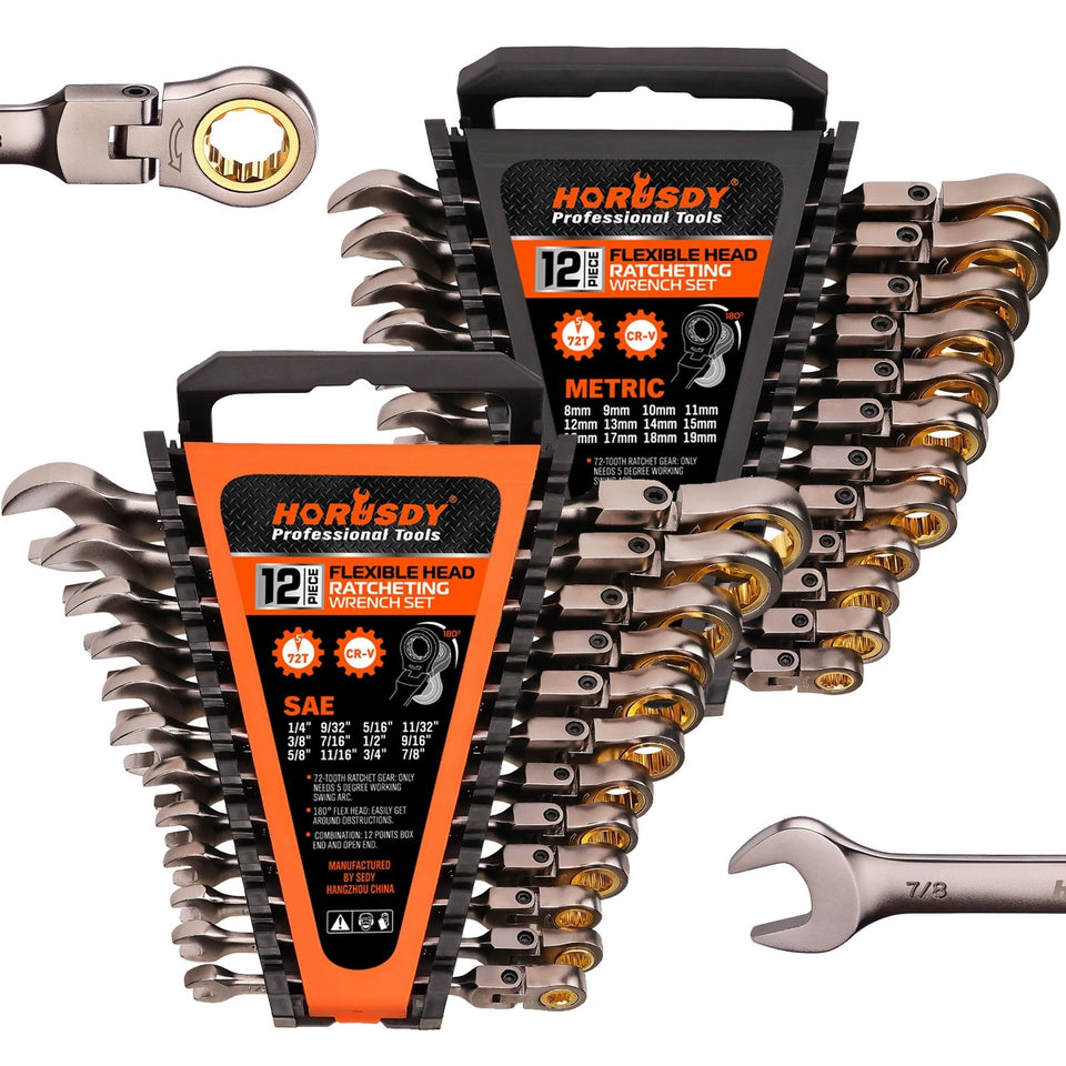 HORUSDY 24-piece flex-head set assembled for precision in tight spaces.