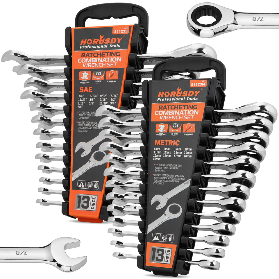 HORUSDY 26-piece ratcheting wrench set in case for organized transport.