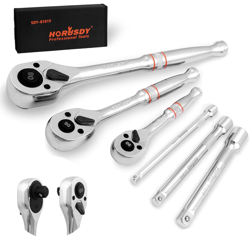HORUSDY 3-piece ratchet set with mixed-drive heads for versatile repairs.