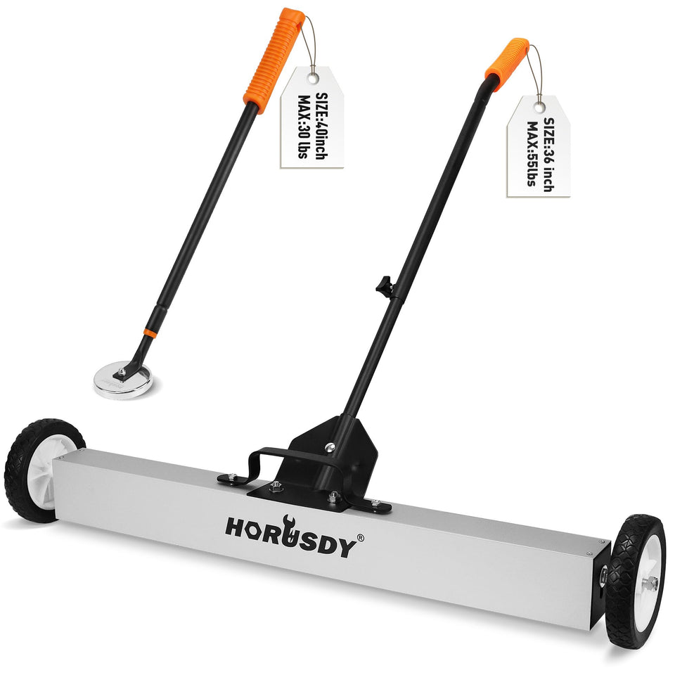HORUSDY 36-Inch Rolling Magnetic Sweeper on a workshop floor for efficient debris pickup.