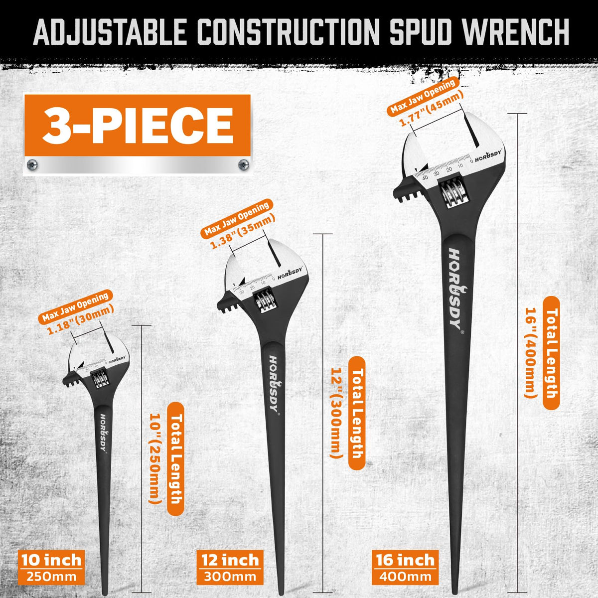 HORUSDY 3-piece spud wrench set, 16 inch, long reach