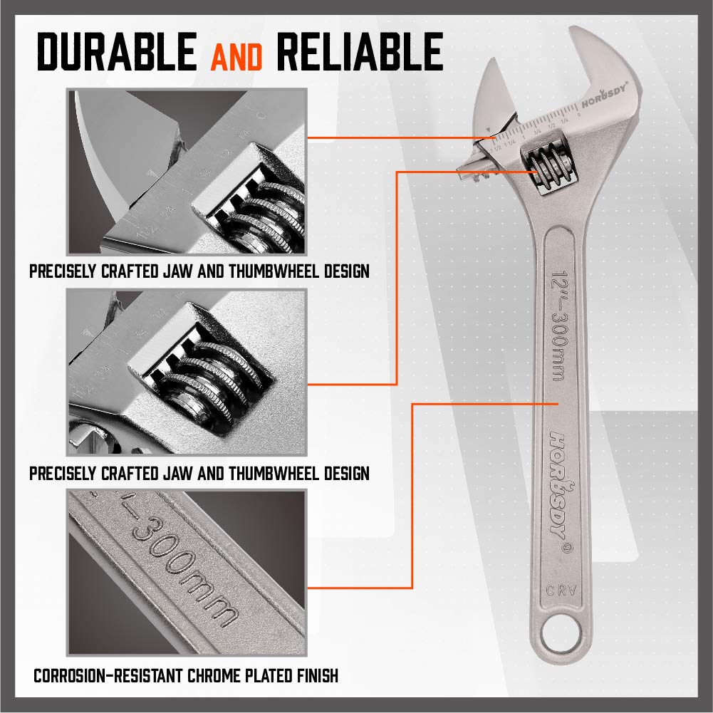 HORUSDY 12-inch wrench with wide range for heavy-duty tasks.
