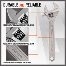 HORUSDY 12-inch wrench with wide range for heavy-duty tasks.