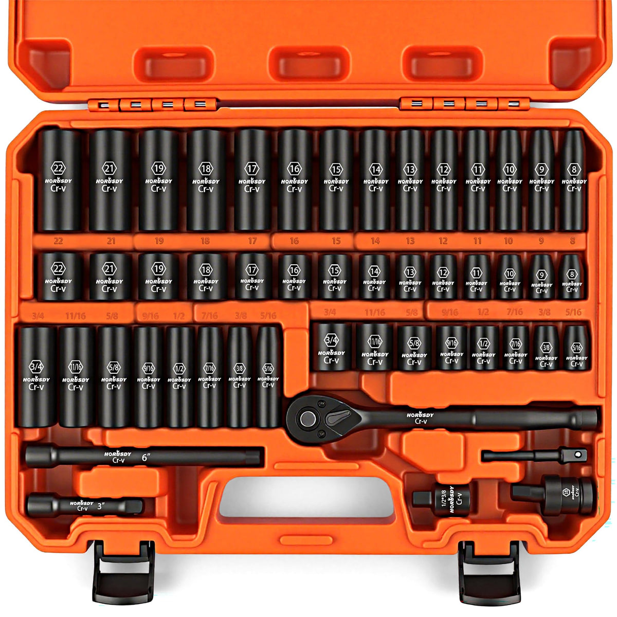 HORUSDY 50-piece 3-8 drive socket set with laser marked sizes for quick identification