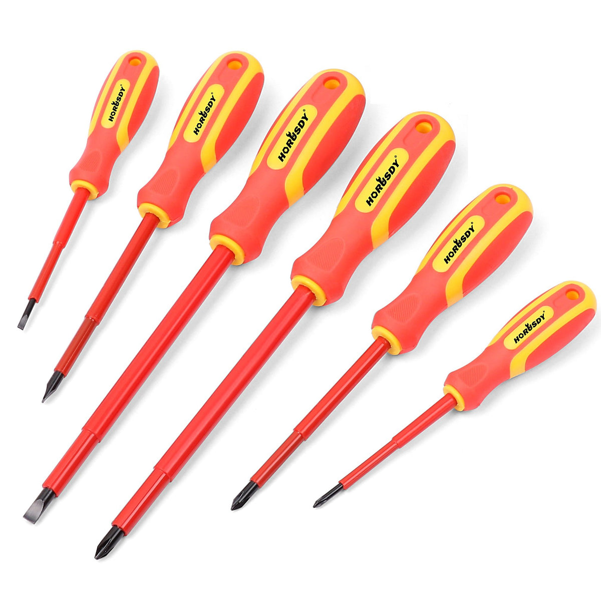 HORUSDY 6-piece insulated screwdriver set for safe live-circuit work.