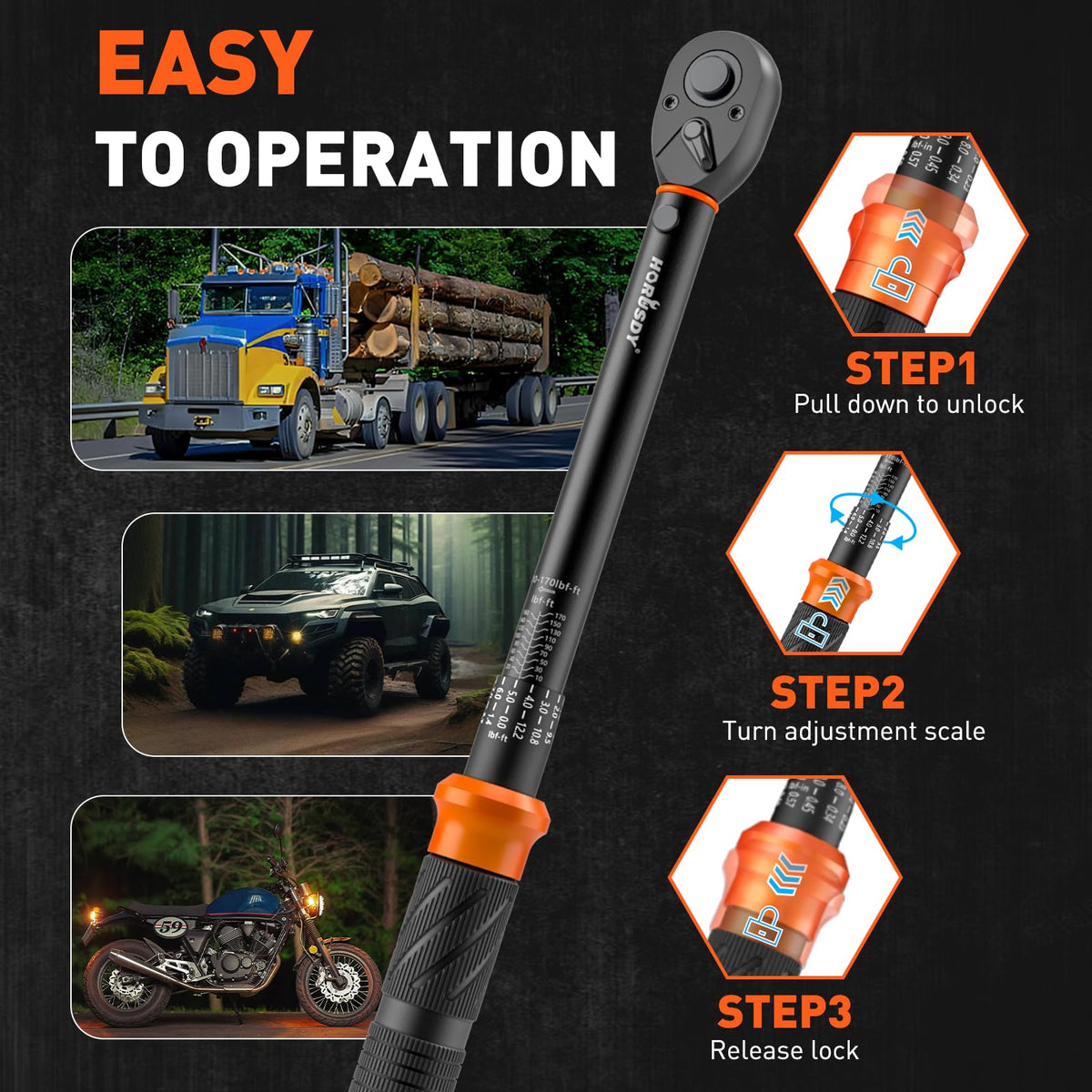 HORUSDY 72-tooth ratcheting head delivers smooth operation in tight spaces.