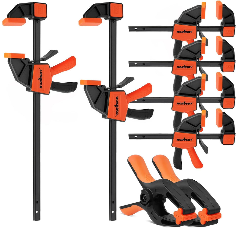 HORUSDY 8-pack bar clamps with 6in and 12in jaws provide solid woodworking hold.