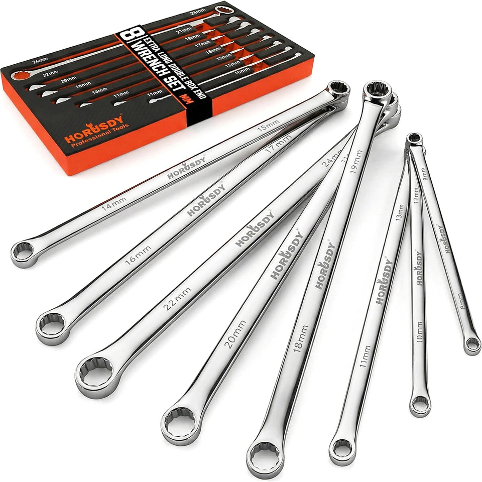 HORUSDY 8-piece set with extra-long double box-end wrenches for tight spaces