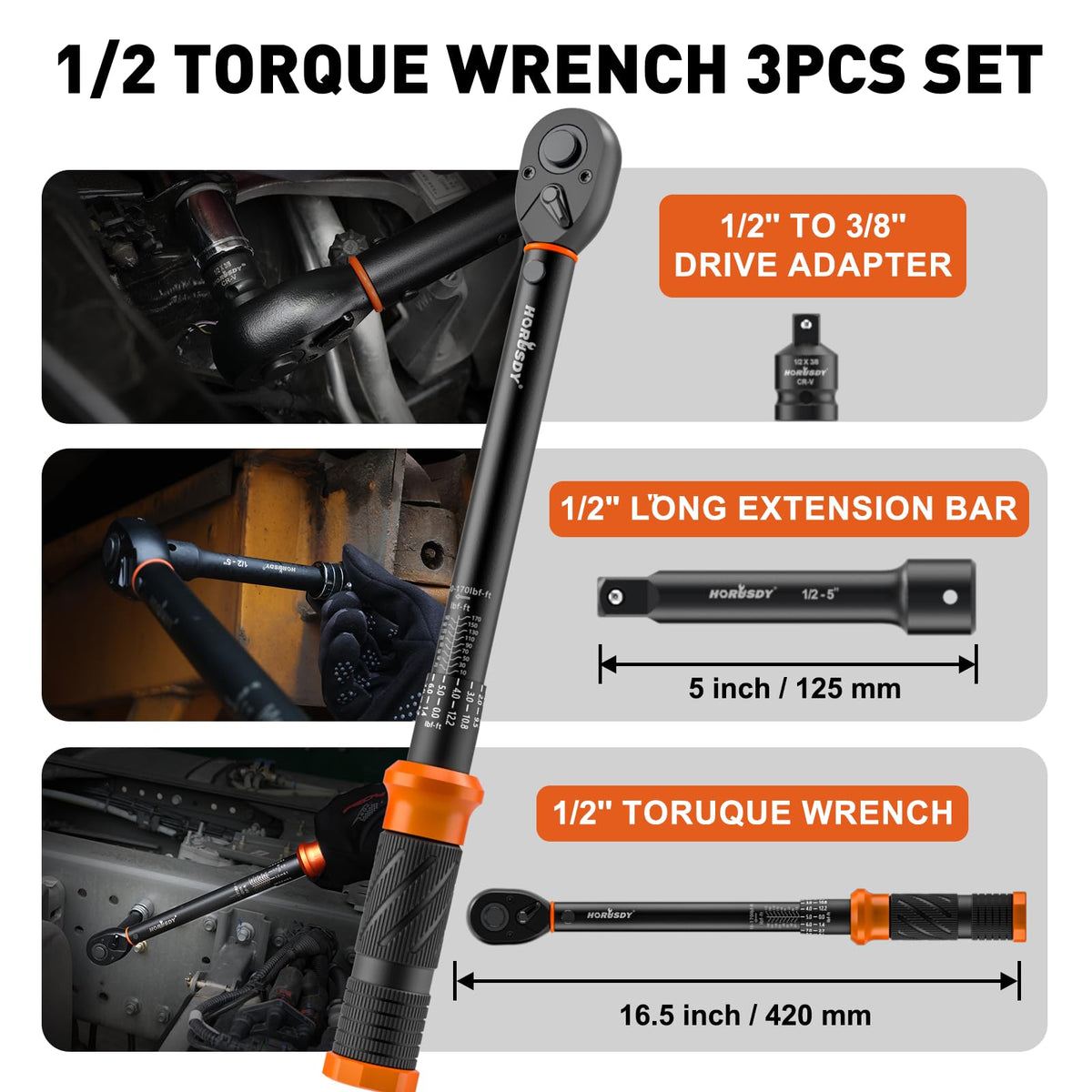 HORUSDY adapter 1/2 to 3/8 widens compatibility for different wrenches.