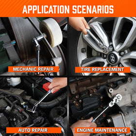 HORUSDY automotive repair ratchet shown in engine bay contexts.