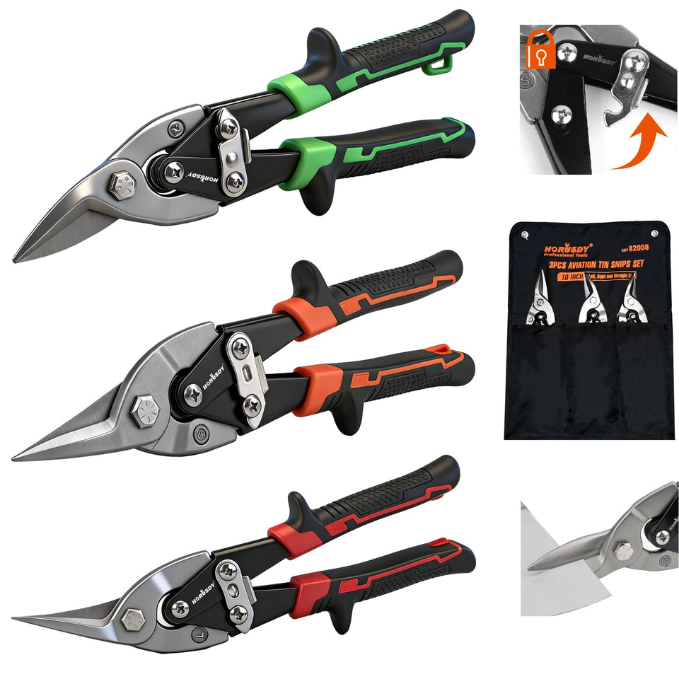 HORUSDY 10-inch straight cut tin snips for clean sheet metal cuts.