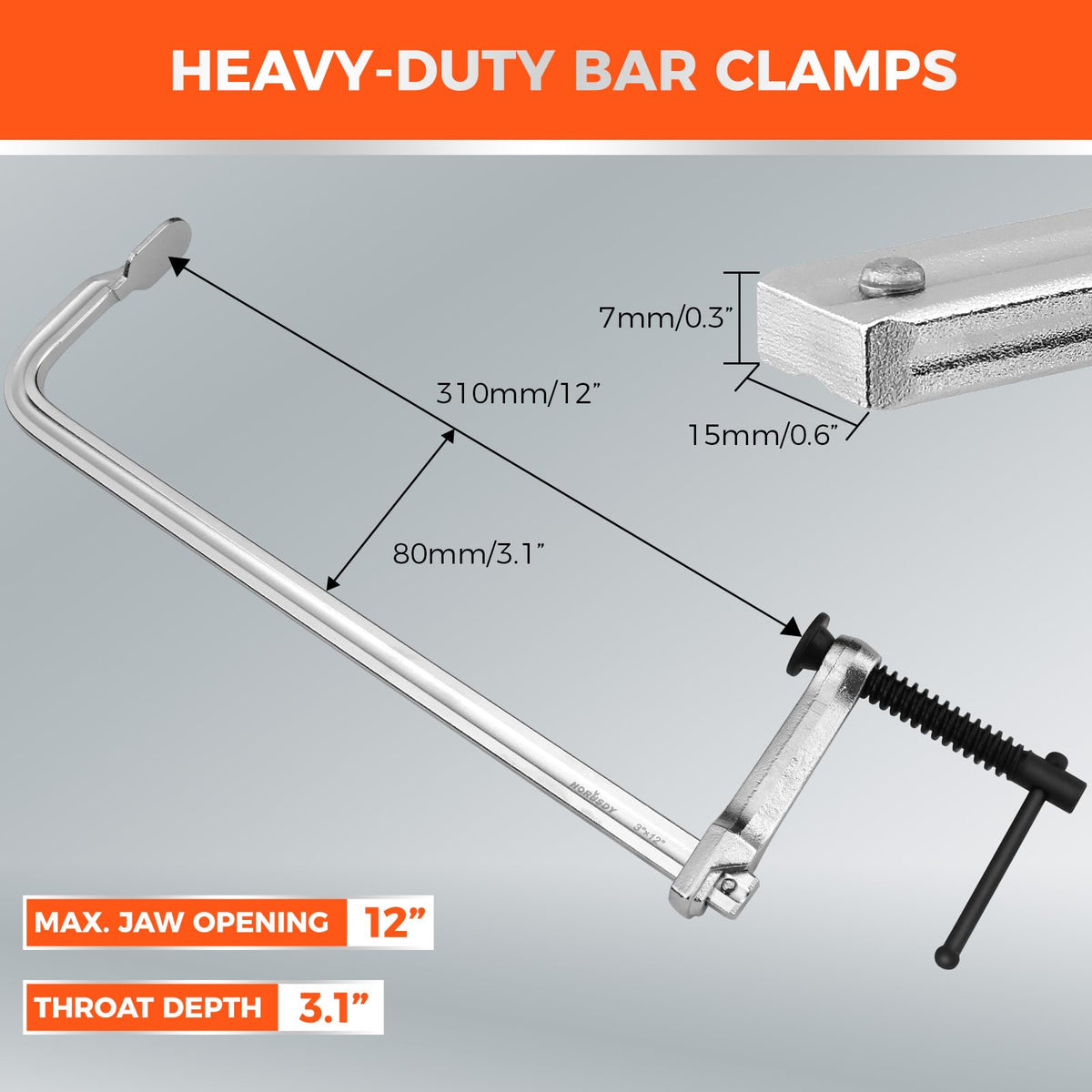 HORUSDY bar clamp jaw closeup shows reinforced jaws and alignment