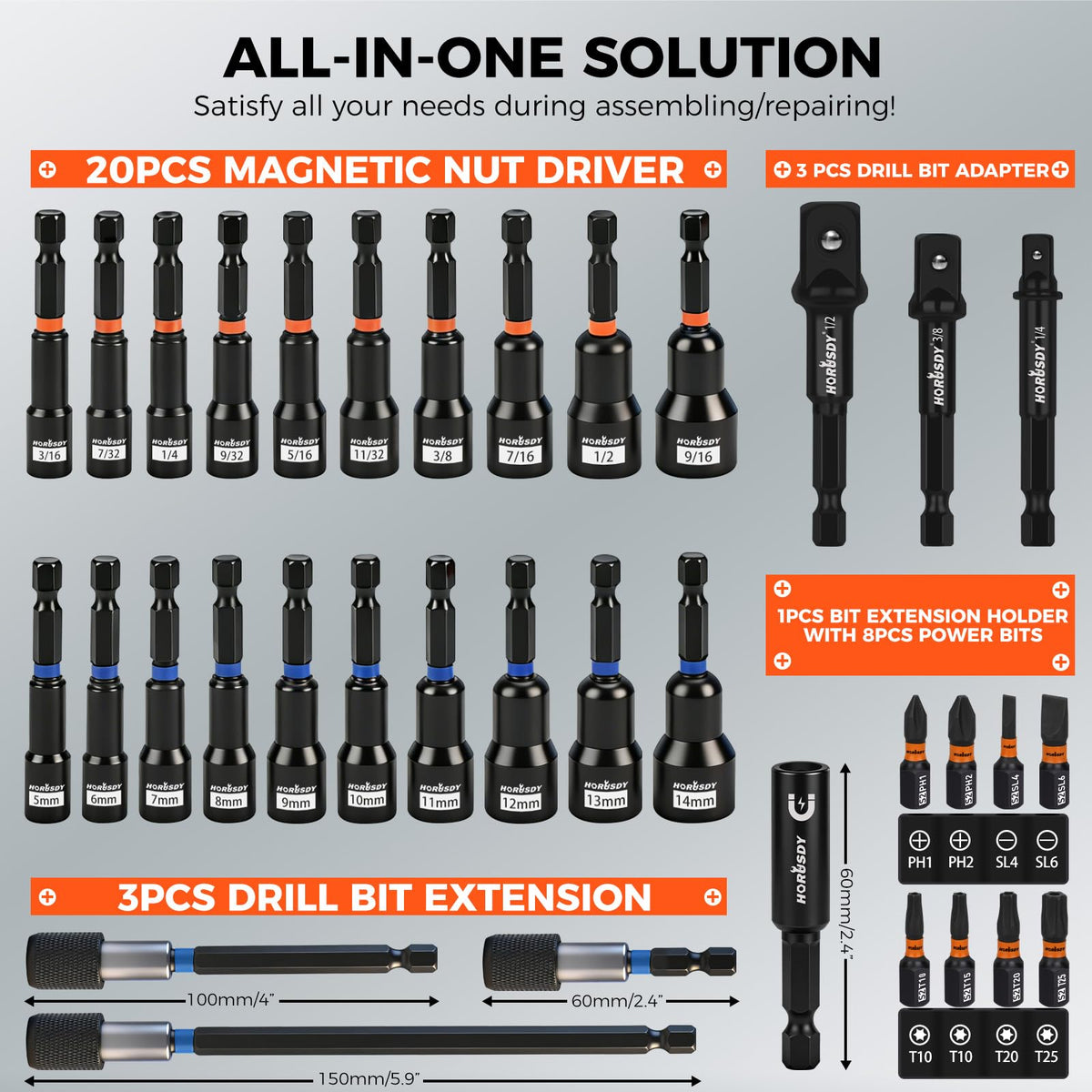HORUSDY blue metric nut drivers clearly identify metric fasteners.