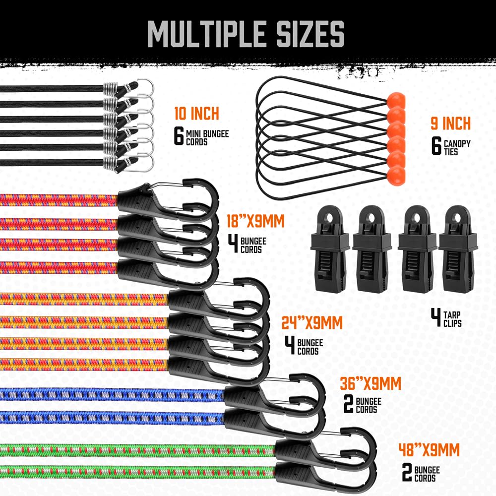 HORUSDY 24-inch bungee cord with carabiner hooks for stable anchors.