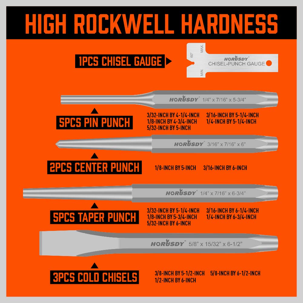 HORUSDY cold chisels in 3/8, 1/2, and 5/8 inch for clean cuts and separation.