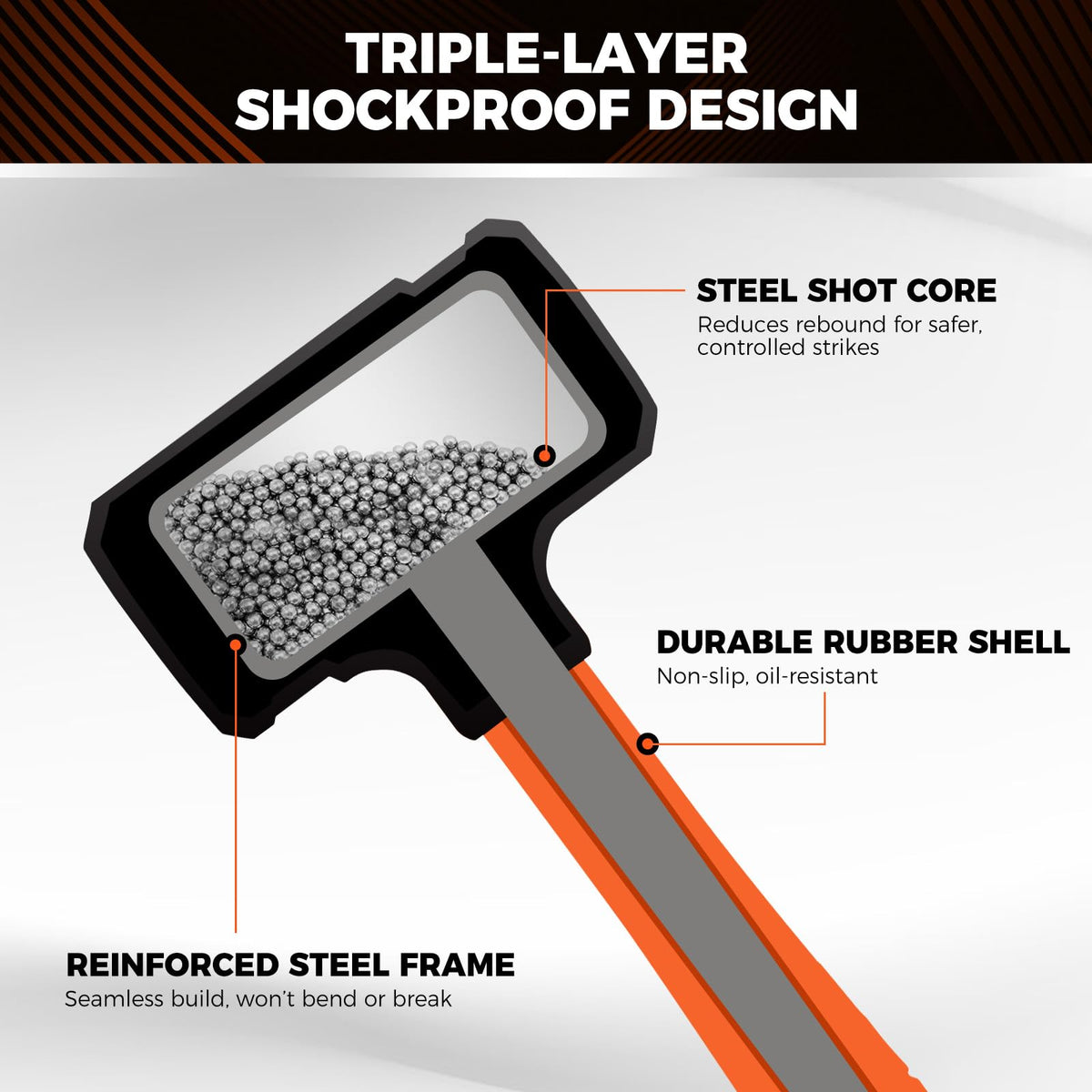 HORUSDY 2 lb dead-blow hammer emphasizes strong impact with controlled delivery.