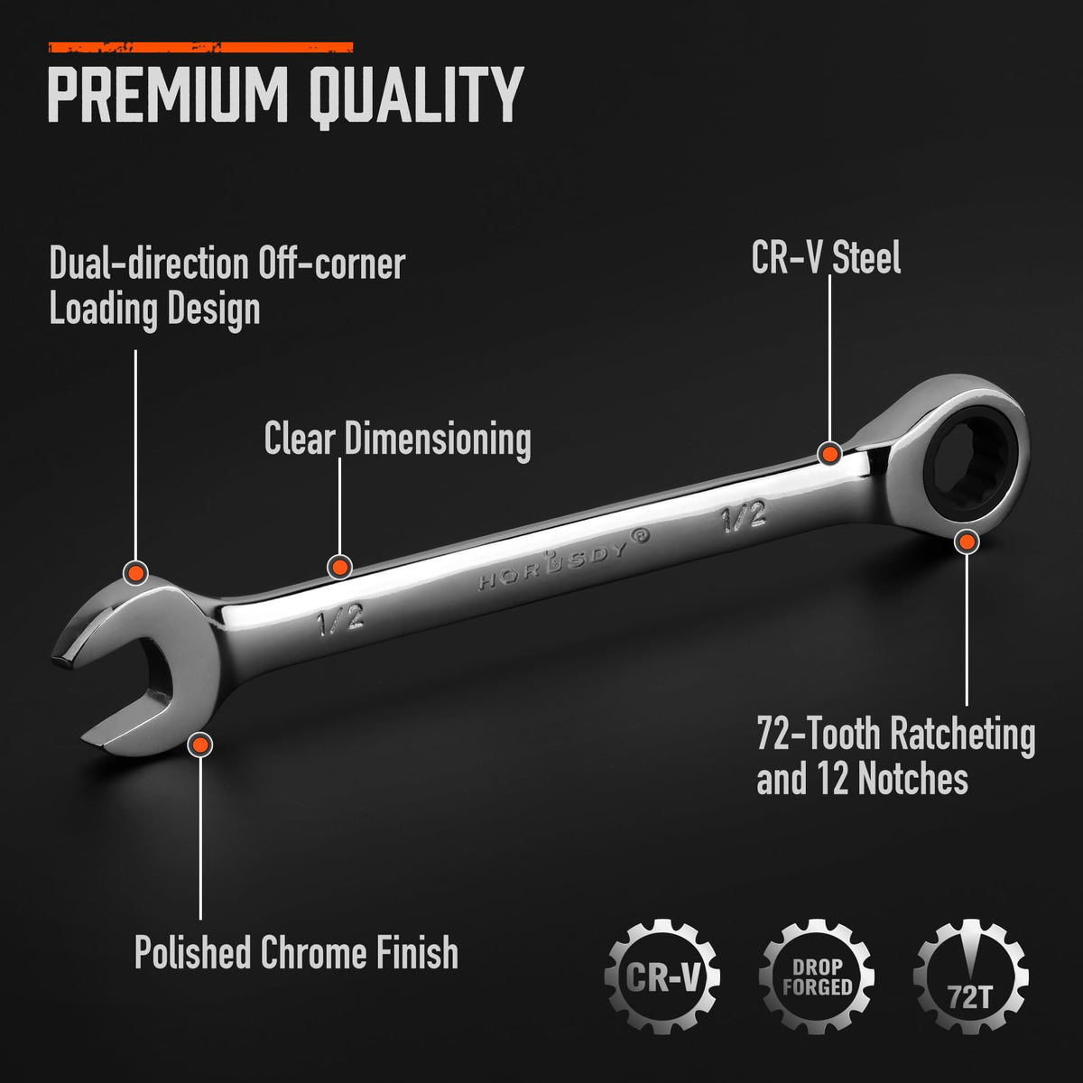 Ergonomic HORUSDY wrench grips support comfortable long-use handling.