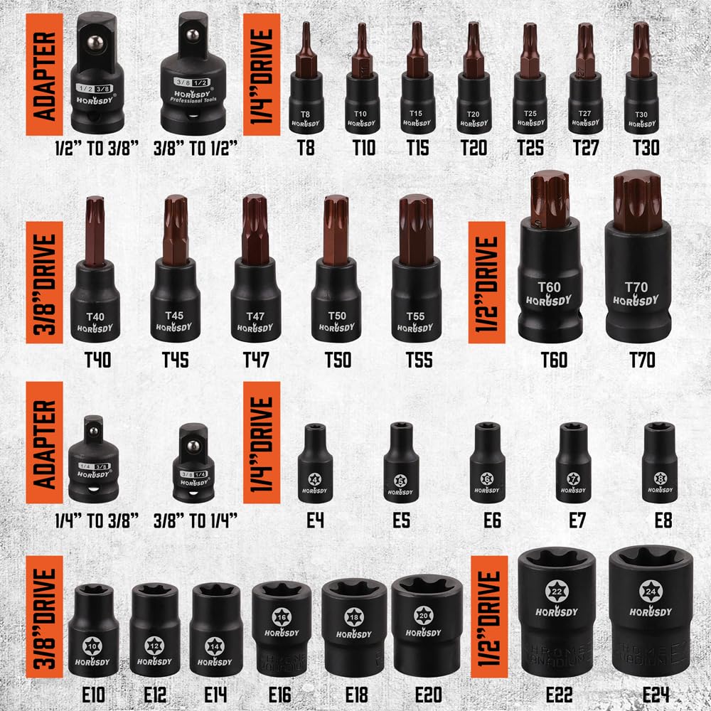 HORUSDY E Torx sockets E4–E24 for precise fits and durable service.