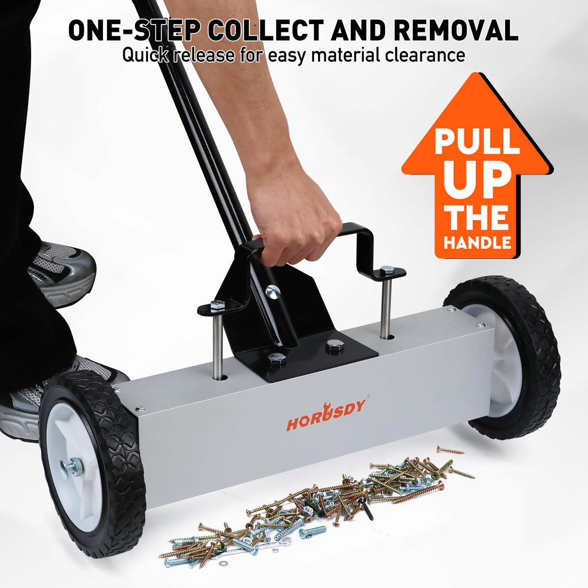 HORUSDY garage cleanup highlight emphasizing efficient metal debris removal.