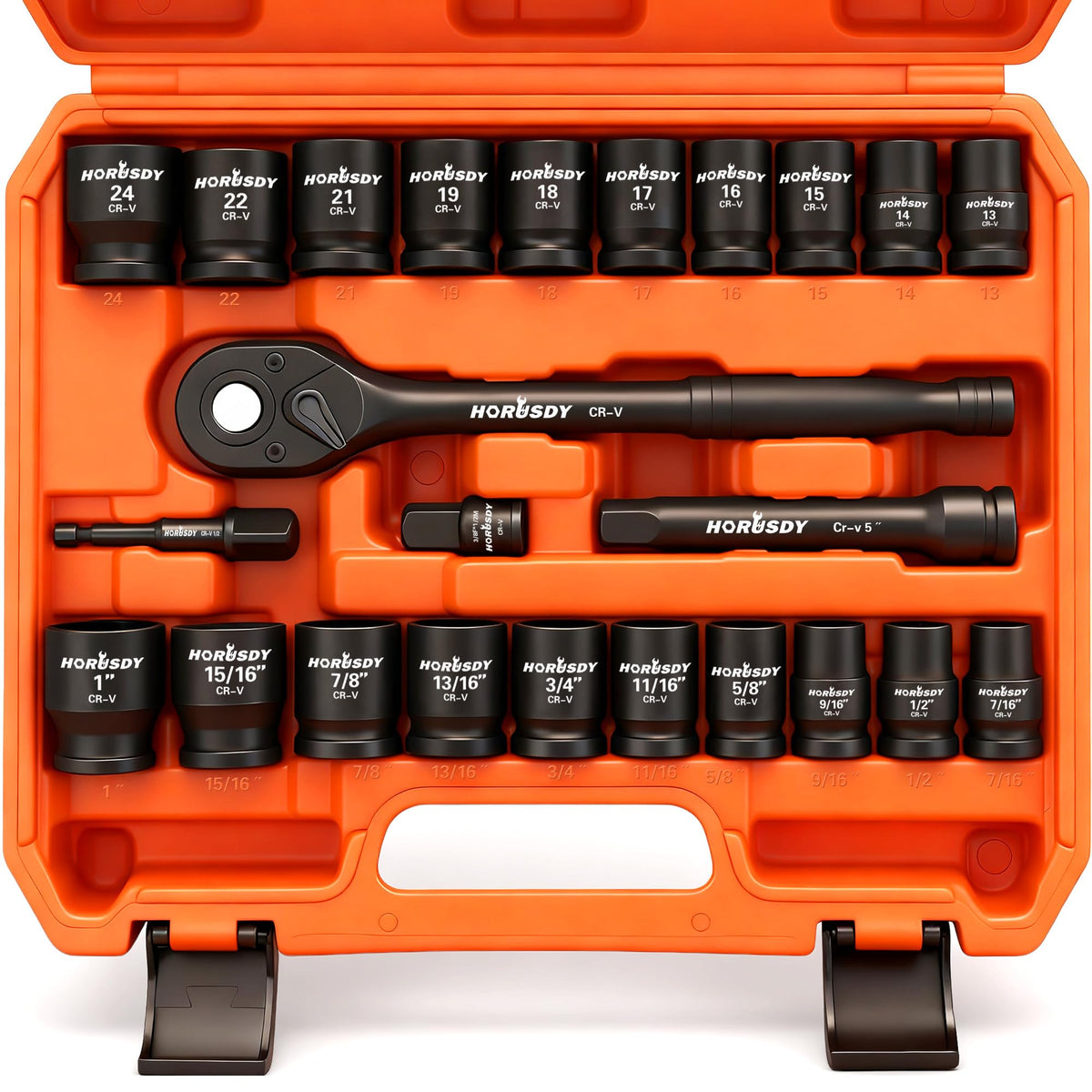 HORUSDY half-inch drive shallow socket set with SAE and metric sizes for versatility.