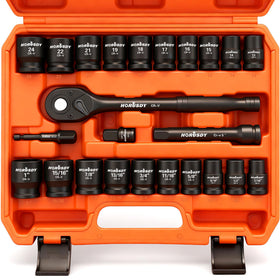 HORUSDY half-inch drive shallow socket set with SAE and metric sizes for versatility.