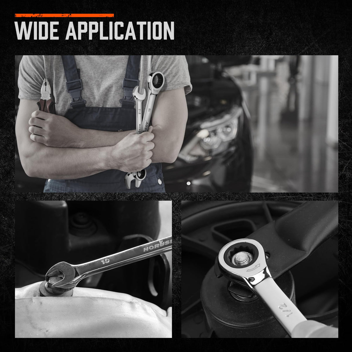 HORUSDY heavy-duty carry case keeps wrenches organized.