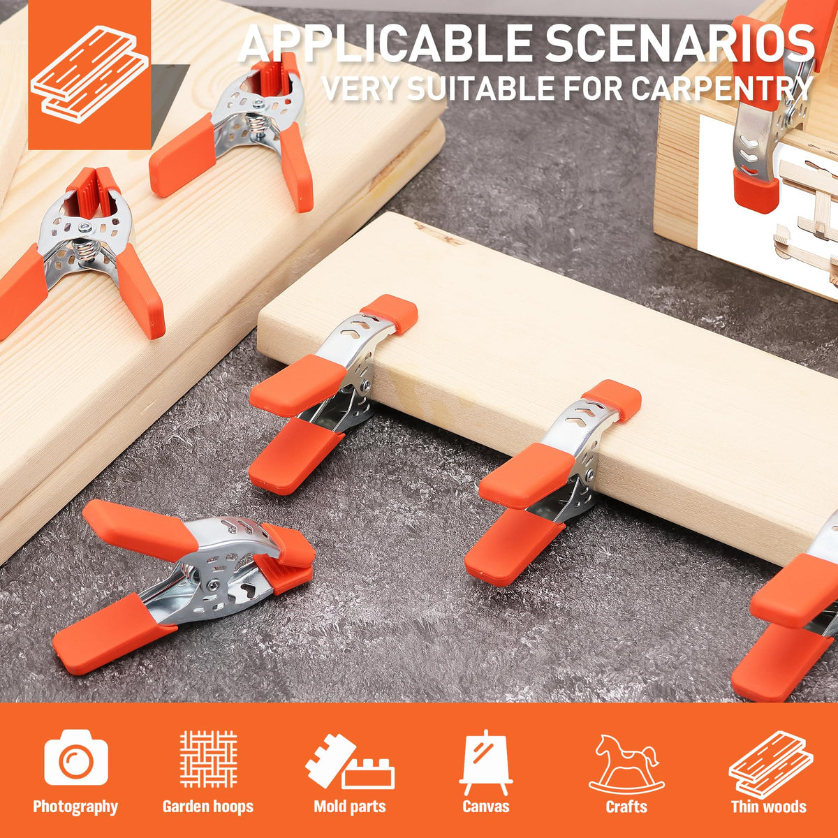 HORUSDY heavy-duty clamps mounted on a workbench for durable projects.