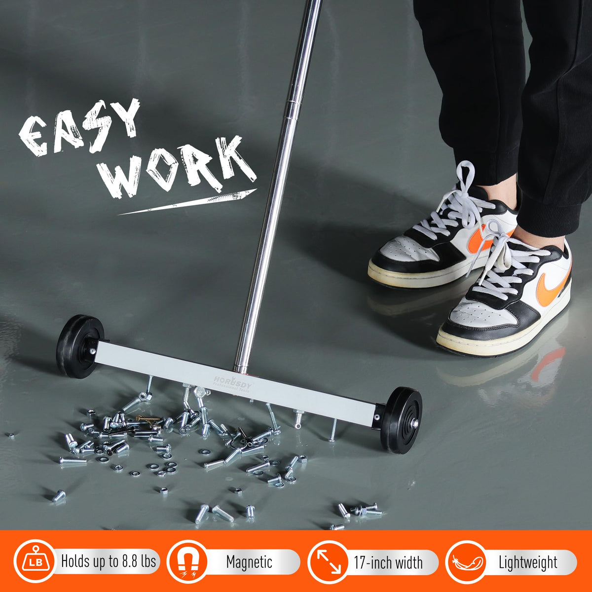 HORUSDY magnet sweeper works on garages, workshops, driveways, and more.