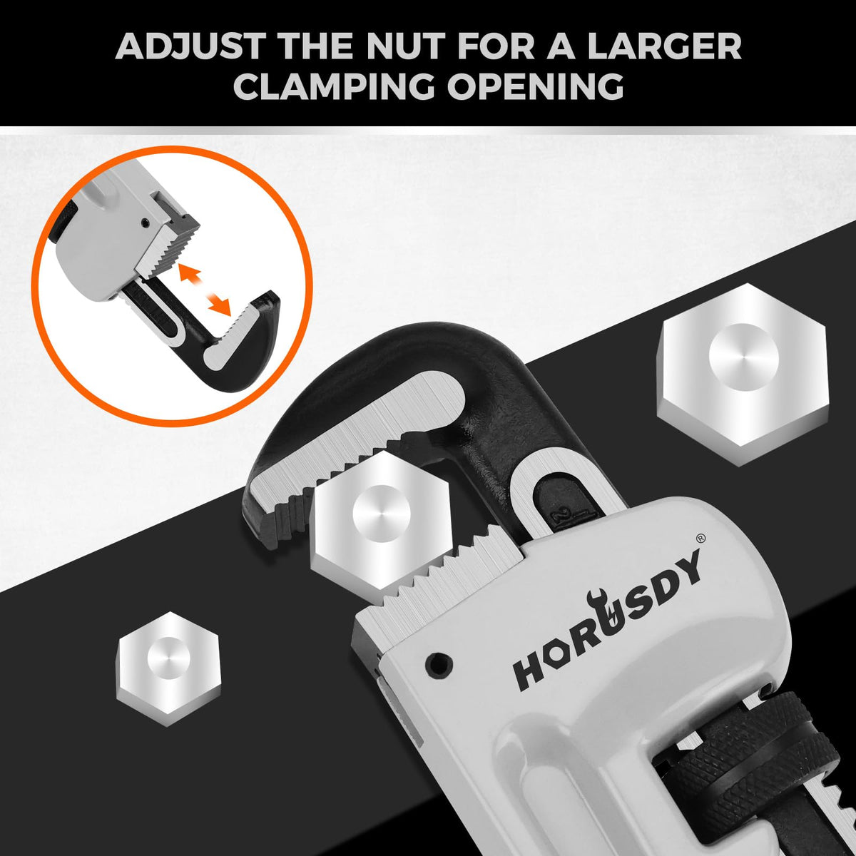 HORUSDY knurled nut and self-cleaning threads enable quick jaw adjustments.