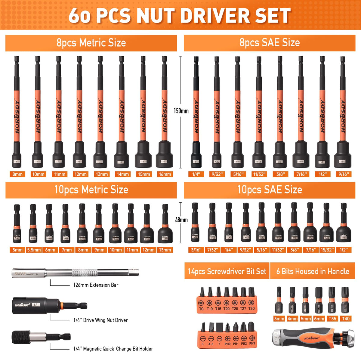 HORUSDY 150mm long drivers reach deep into tight spaces for hard-to-reach bolts.