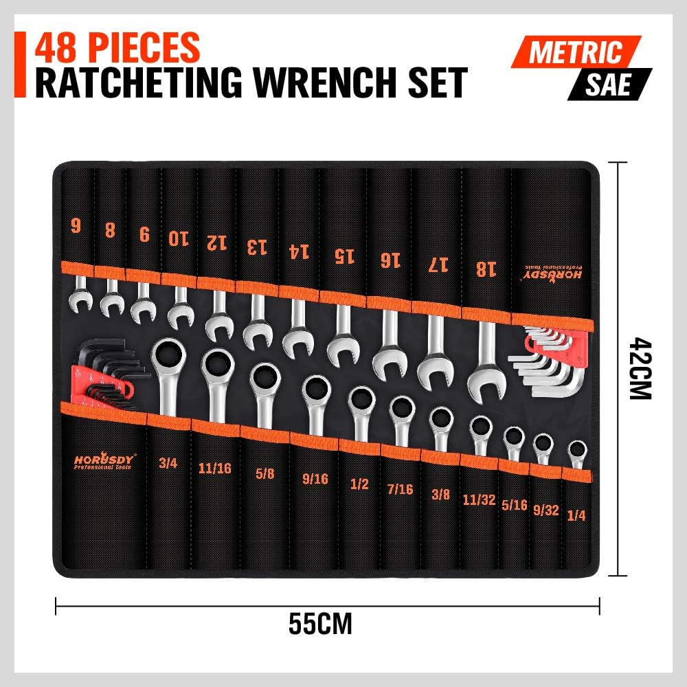 HORUSDY metric SAE combo wrenches cover 6-18mm and 1/4-3/4in tasks.