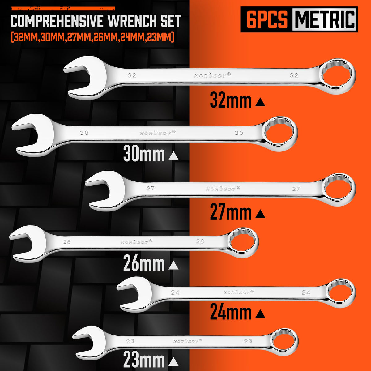 HORUSDY metric wrenches 23–32mm with 12-point grip for secure bolt engagement
