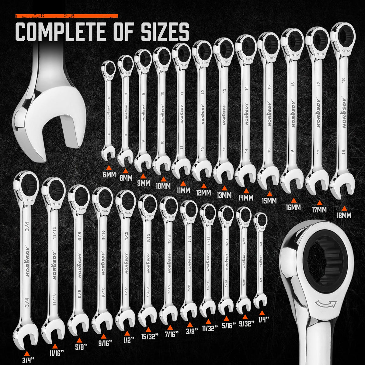 HORUSDY metric wrenches 6–18 mm cover common metric bolts.