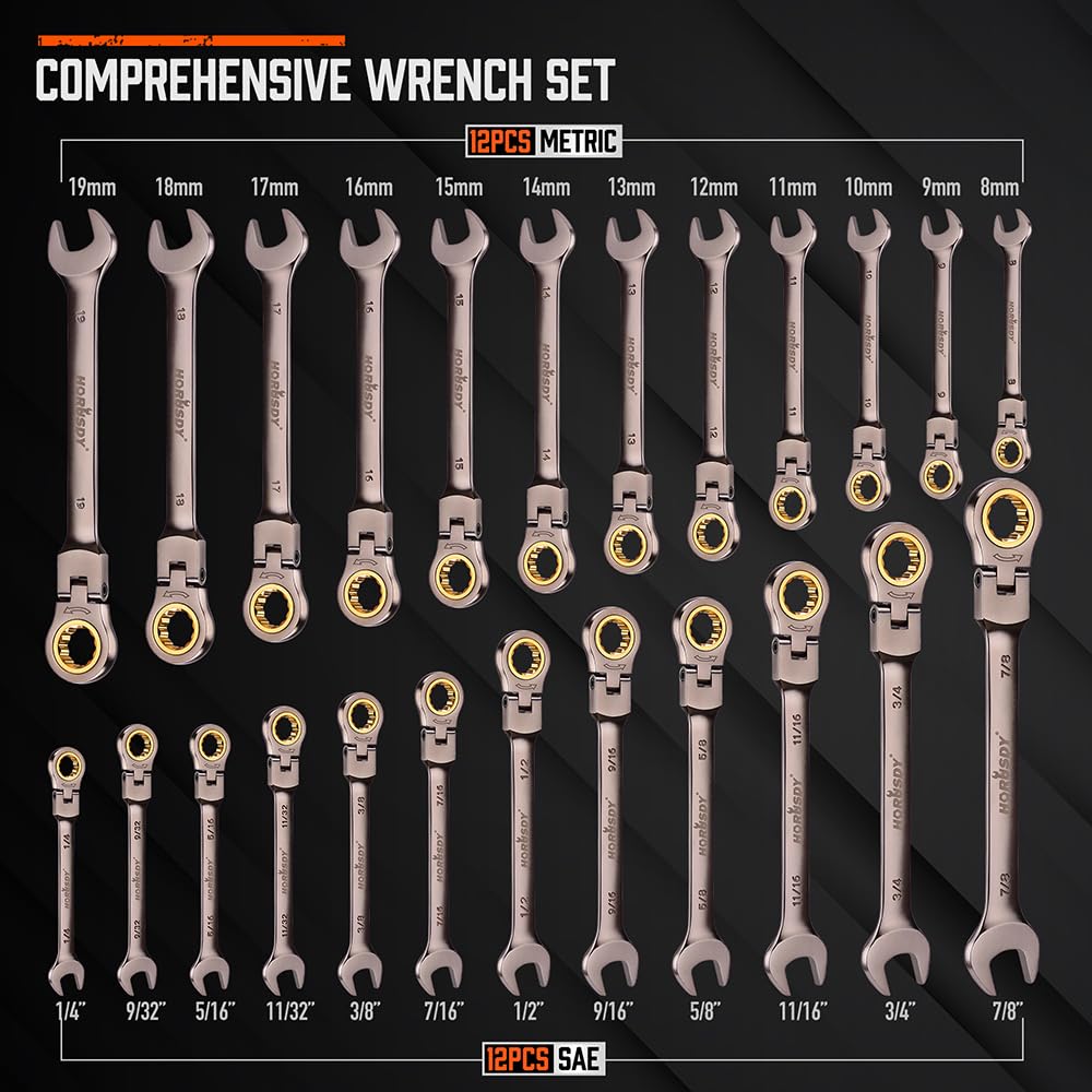 HORUSDY metric wrenches 8–19mm cover common sizing for mechanical repairs.