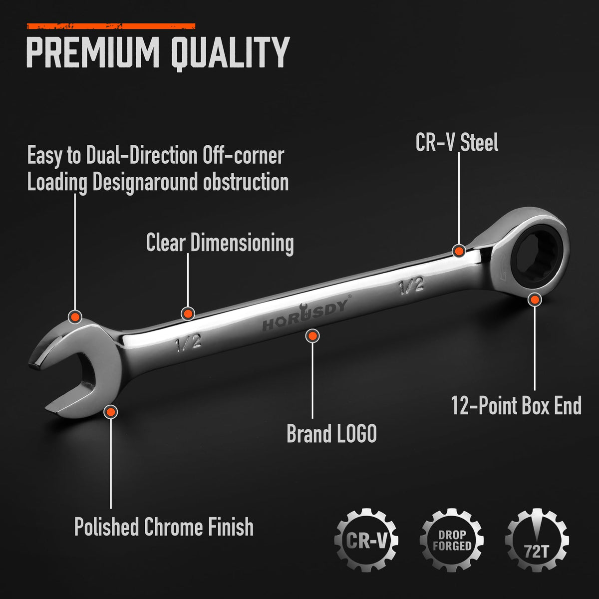 HORUSDY mirror-finish wrenches resist wear and maintain shine.