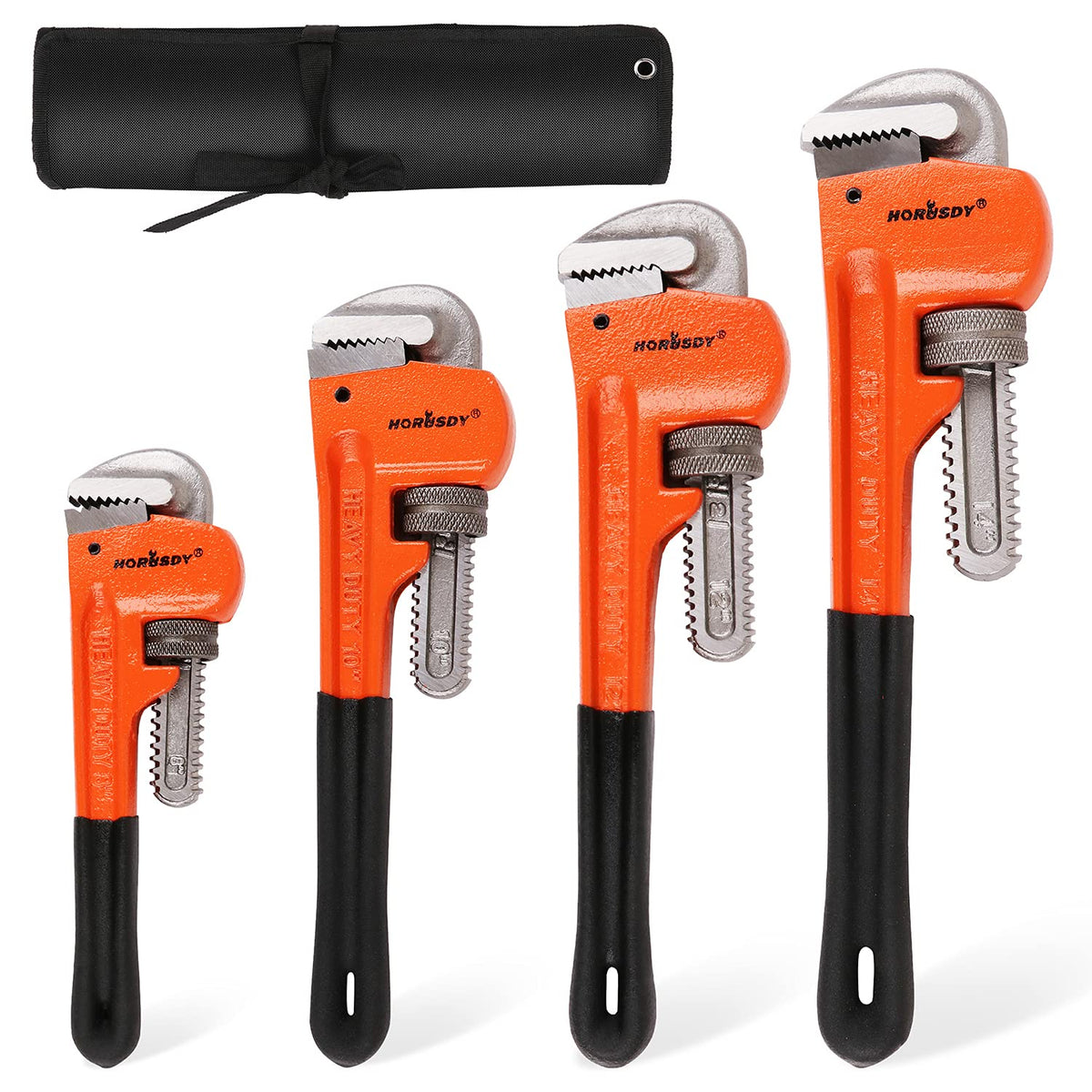 HORUSDY 8in pipe wrench shown with secure grip on round pipe