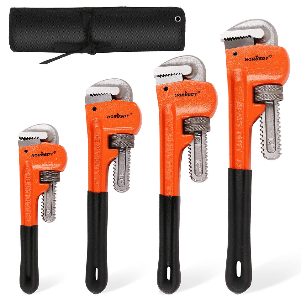 HORUSDY 8in pipe wrench shown with secure grip on round pipe