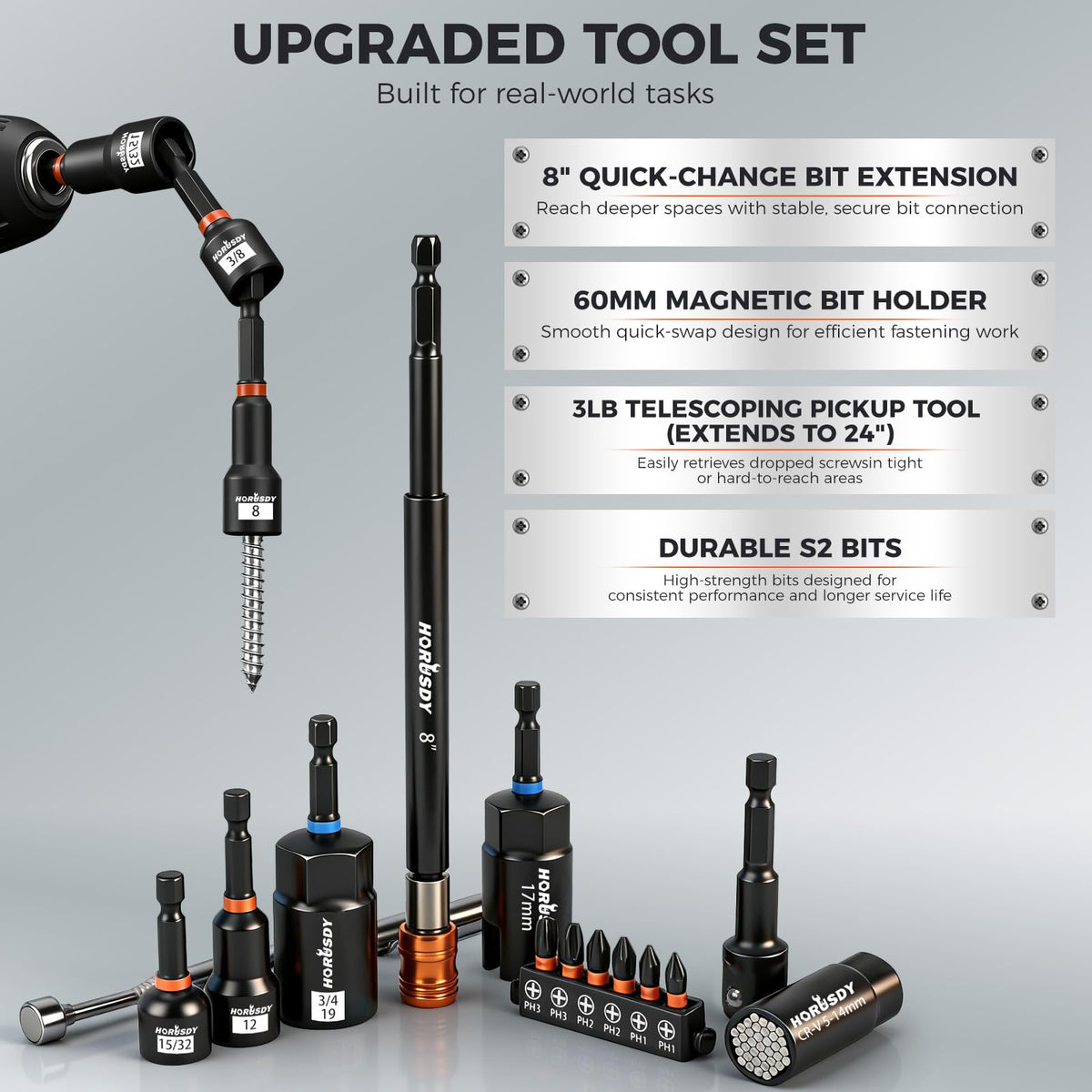 HORUSDY power bits allow efficient fastening in dense workspaces.