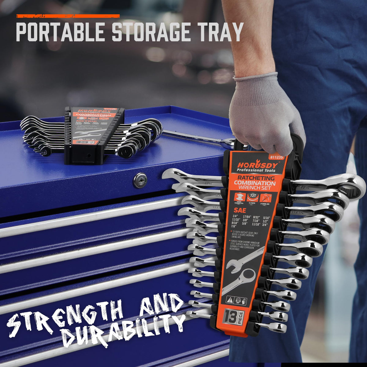 Premium chrome-vanadium HORUSDY steel resists wear under tough jobs.