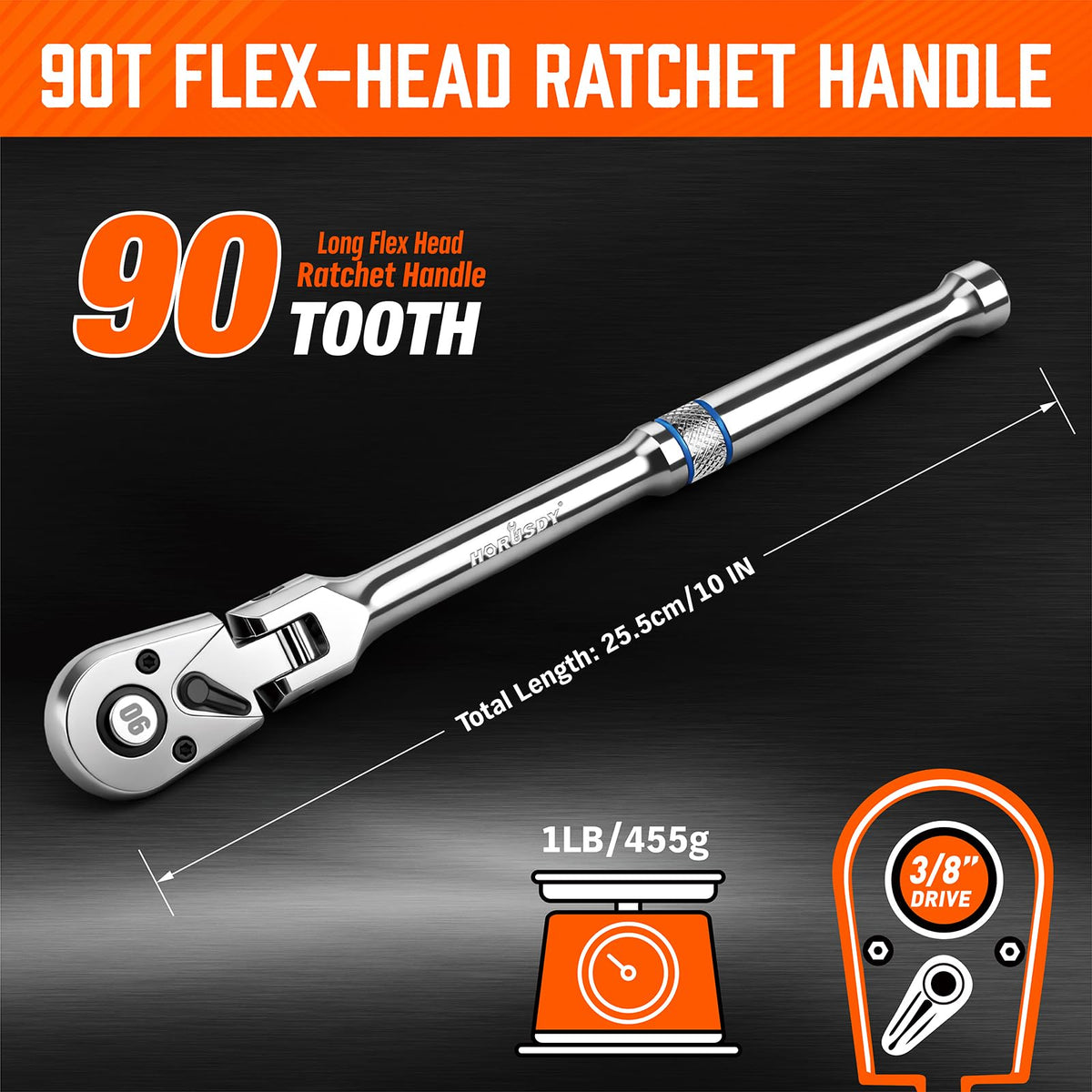 HORUSDY quick-release ratchet highlights fast socket changes and one-handed control.