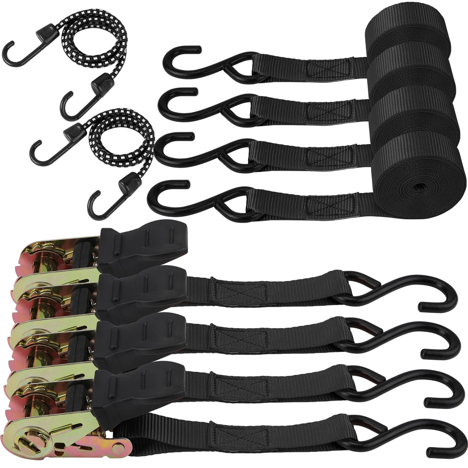HORUSDY ratchet straps 15ft setup securing a motorcycle during transport