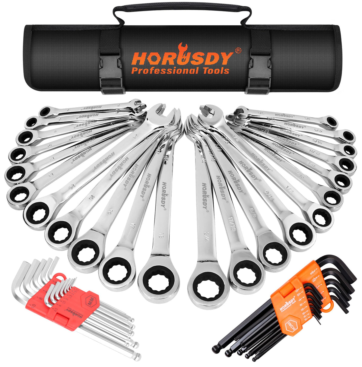 HORUSDY ratcheting wrench set with 72 teeth for smooth, precise tightening in tight spaces.