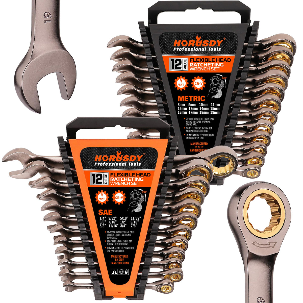 HORUSDY ratcheting wrench set main view with metric and SAE coverage