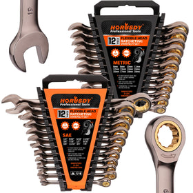 HORUSDY ratcheting wrench set main view with metric and SAE coverage
